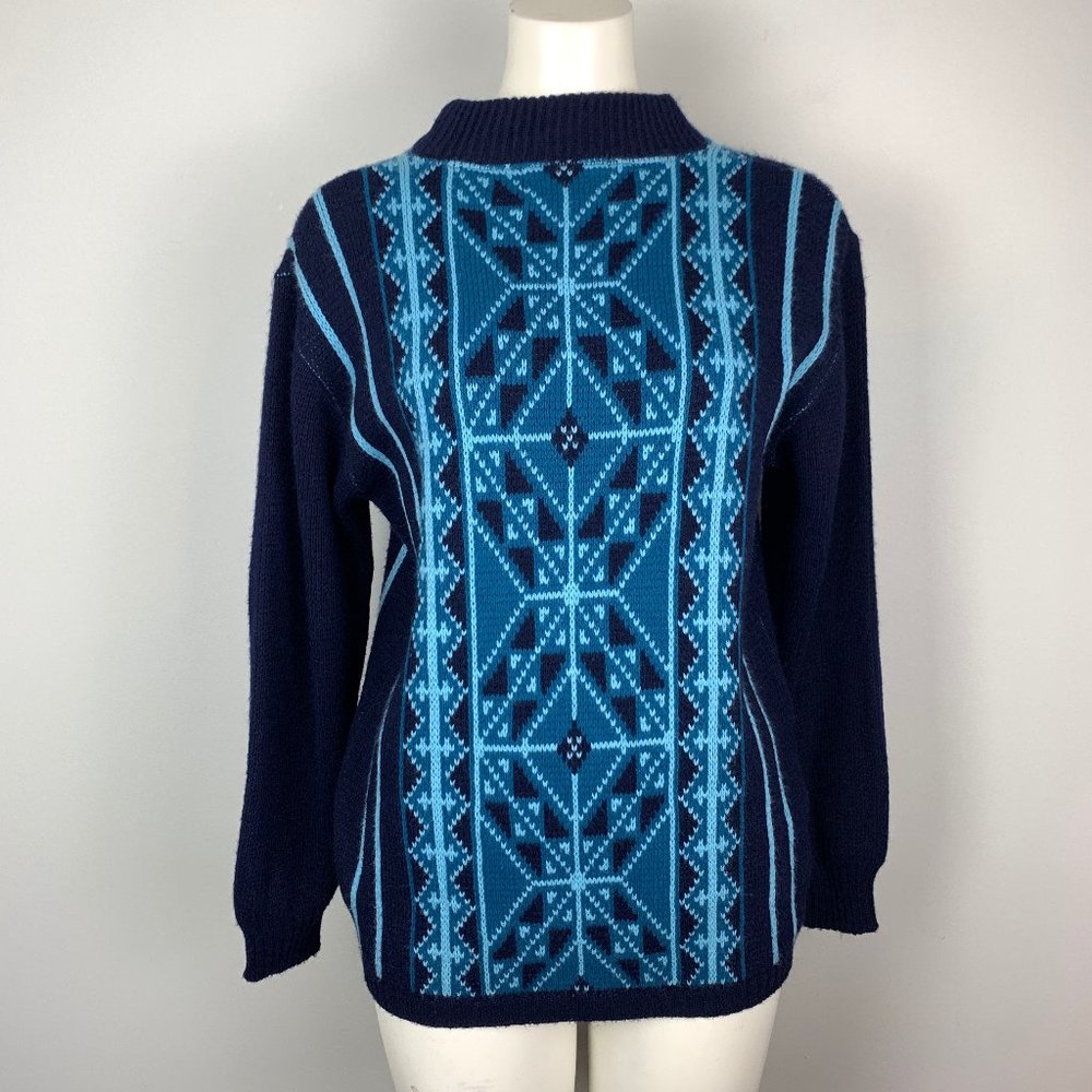 Vintage 60s Jersild Ski Sweater Fair Isle Blue L